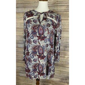 Umgee Womens Small NWOT Floral Paisley Tunic Dress Lace Inserts Tie Collar